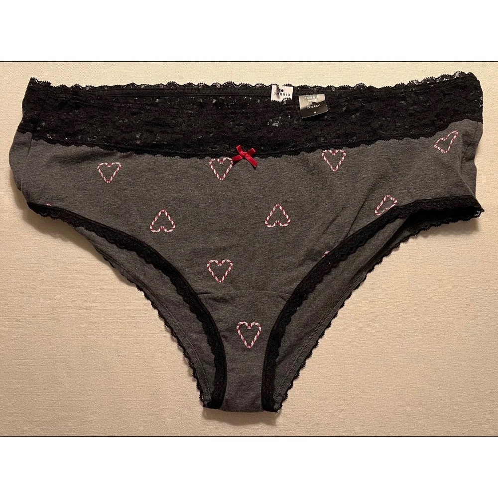 Torrid Cheeky Panty Grey Candy Cane Heart Lace Trim Bow Plus Size 4 NEW